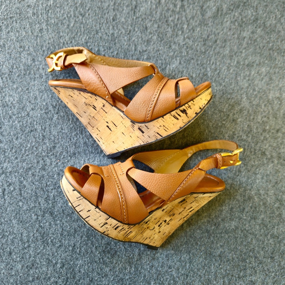 CHLOE Renna Cork Wedge Sandals 38 Act 36 Cognac Leather Strappy Platform CH16066